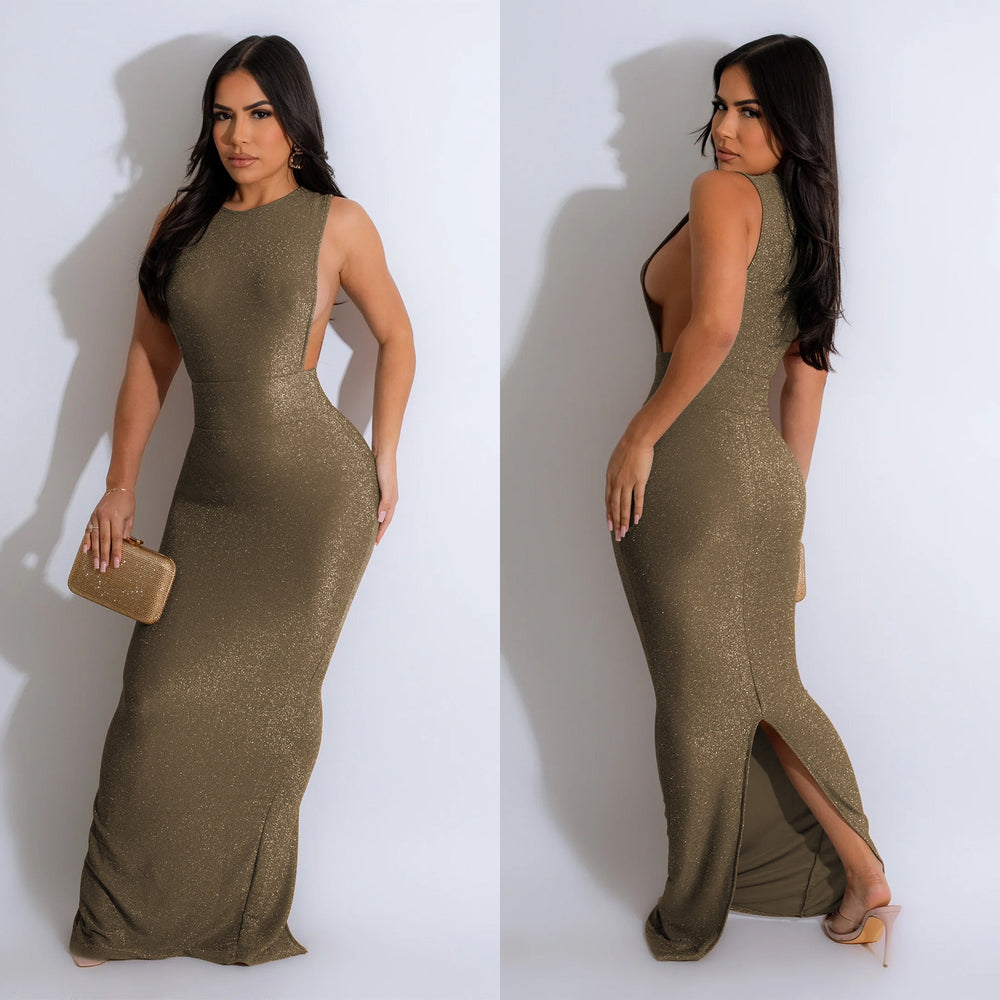 C6791 cross-border   fashion women's solid color round neck sleeveless slit maxi dress