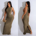 C6791 cross-border   fashion women's solid color round neck sleeveless slit maxi dress