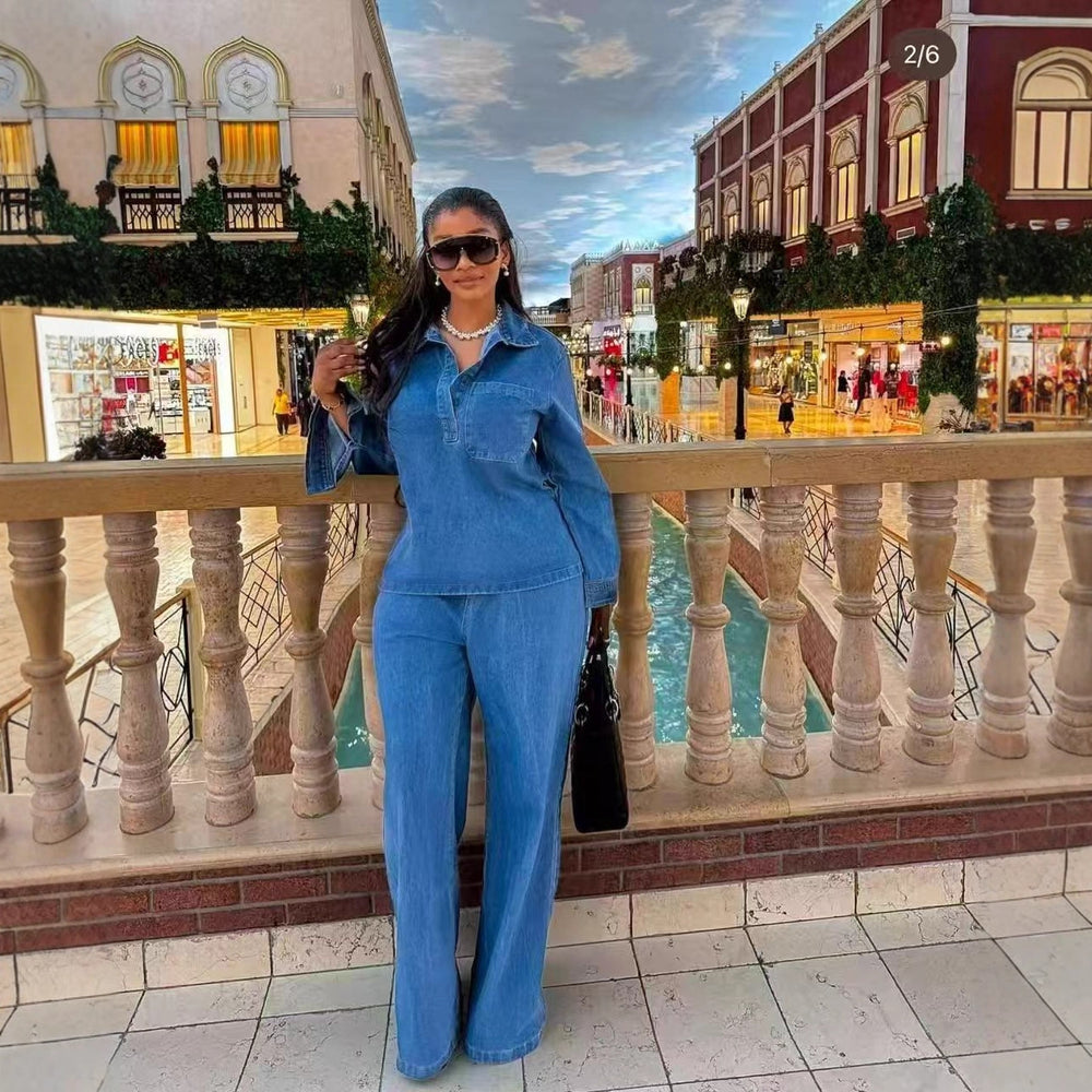 Light mature style classyretro lapel long sleeves denimtops women's  autumn wear high waistcasualloose pantsstraight-leg pants
