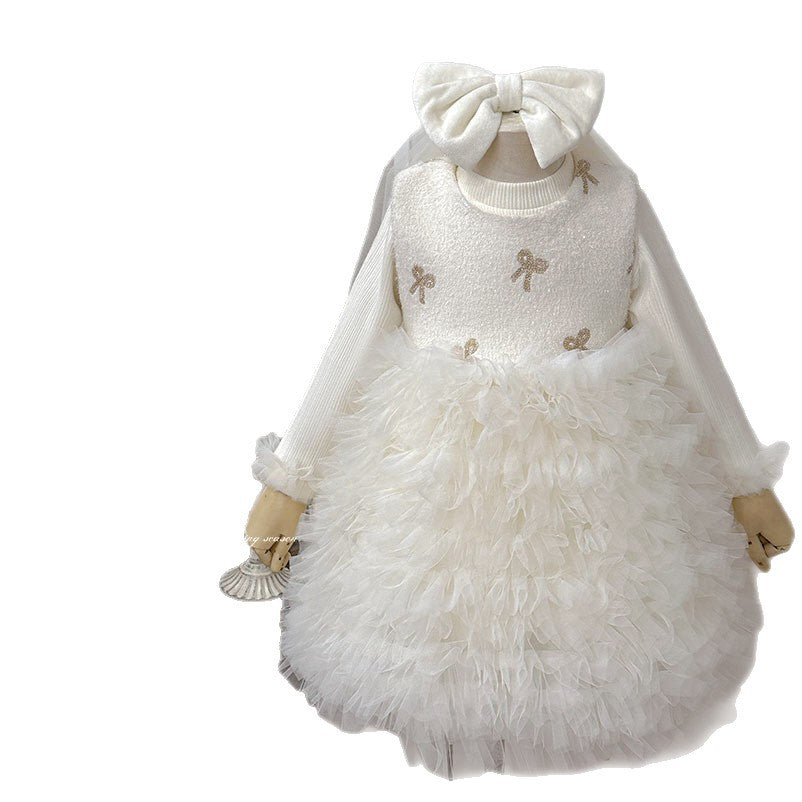 Girls' dress  winter red fleece-lined mesh skirt children's princess dress toddler & little girl bowknot formal gown