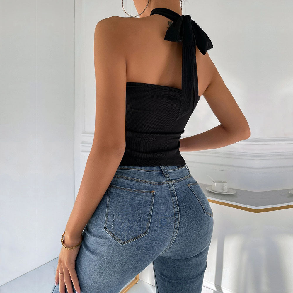European and american style  solid color halter neck crisscross tank top sexy slimming slim fit top women's cross-border vest