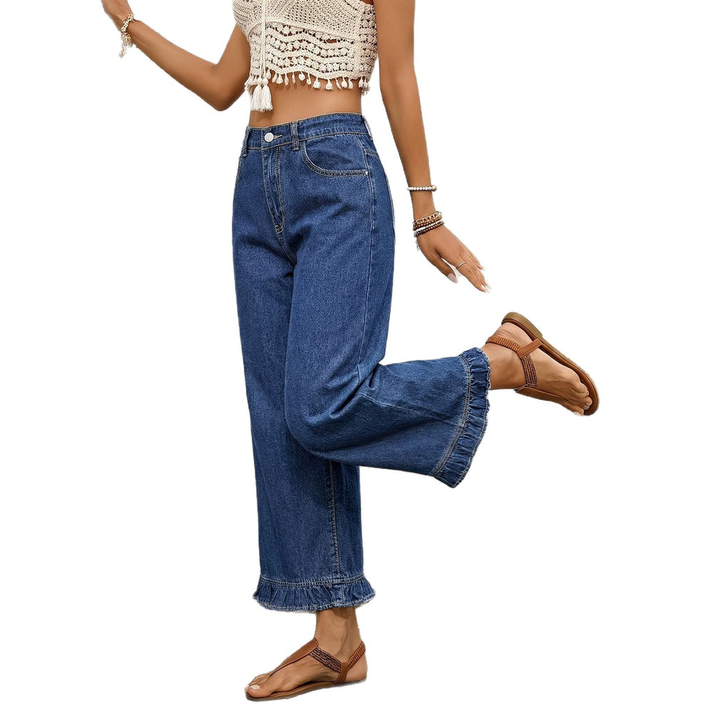 Fashionjeans women's high waistruffles nine-point wide-leg jeans with elastic waist loosedrapedexport
