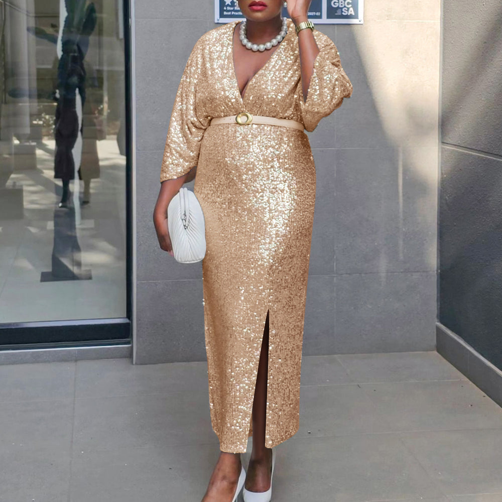 D540 cross-border  fashion women's elegant v-neck sexy slimming sequin plus size african dress