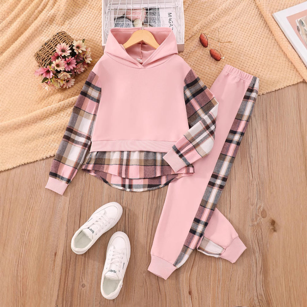 Children's long-sleeved plaid hooded suit