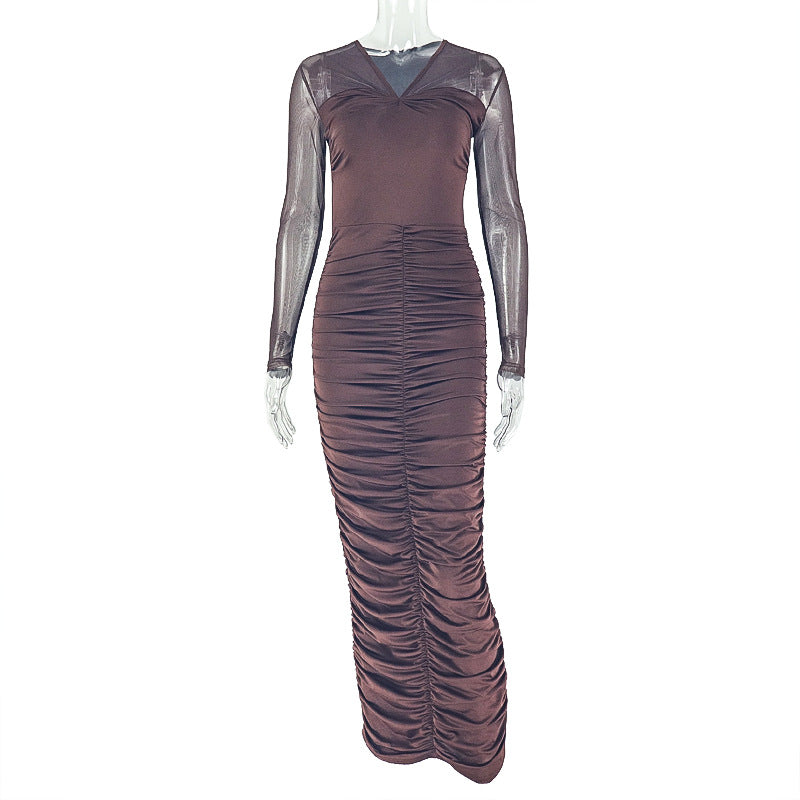 European and american style ins cross-border women's pleated bodycon v-neck bodycon dress long sleeve solid color streetwear one-step dress