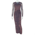 European and american style ins cross-border women's pleated bodycon v-neck bodycon dress long sleeve solid color streetwear one-step dress