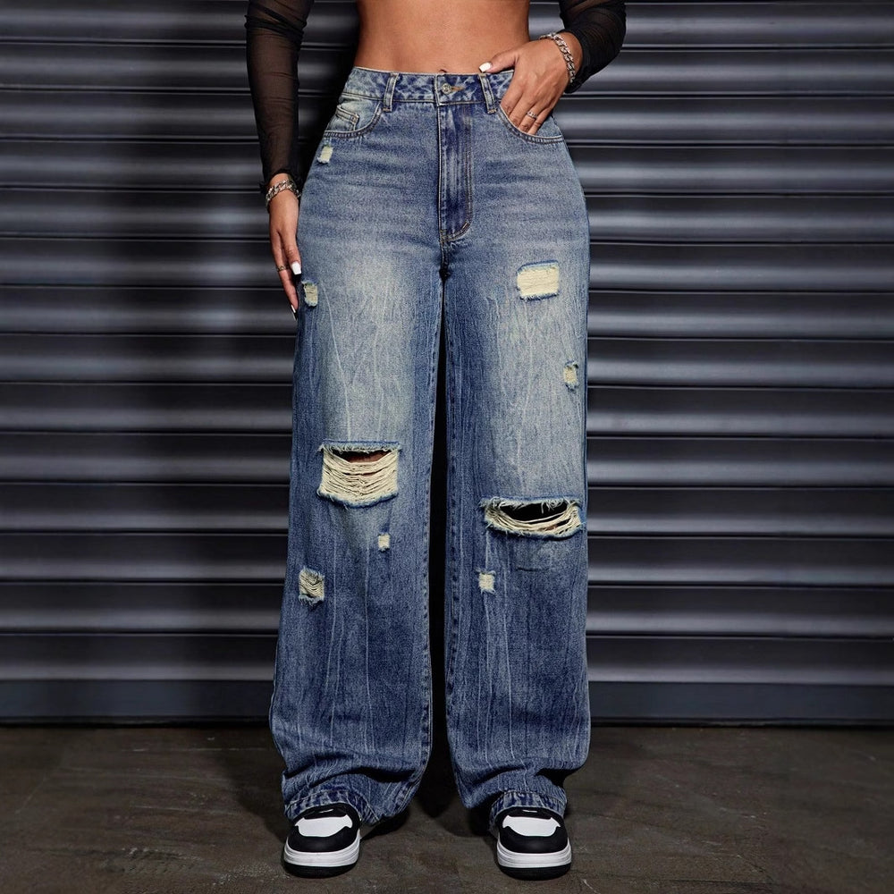 Pre-sale-65700  cross-border foreign trade women's fashion casual loose straight-leg ripped denim pants