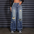 Pre-sale-65700  cross-border foreign trade women's fashion casual loose straight-leg ripped denim pants