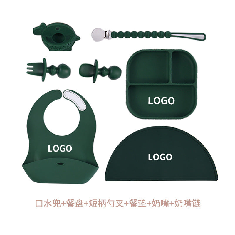 Children's silicone plate set 11-piece set, suction cup non-slip bowl and spoon set, baby food supplement integrated feeding tableware