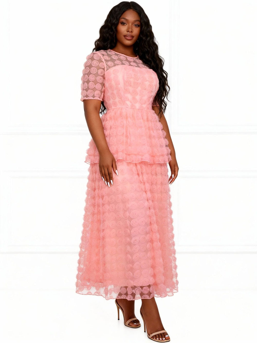 pink stereo rose mesh dress short-sleeved see-through waist evening elegant cake skirt dress