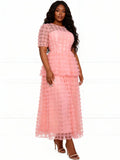 pink stereo rose mesh dress short-sleeved see-through waist evening elegant cake skirt dress