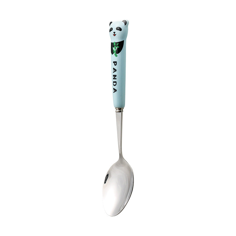 Cartoon stainless steel cutlery set: cute kids' forks with stylish ceramic handles, exquisite dessert spoons, and serving spoons