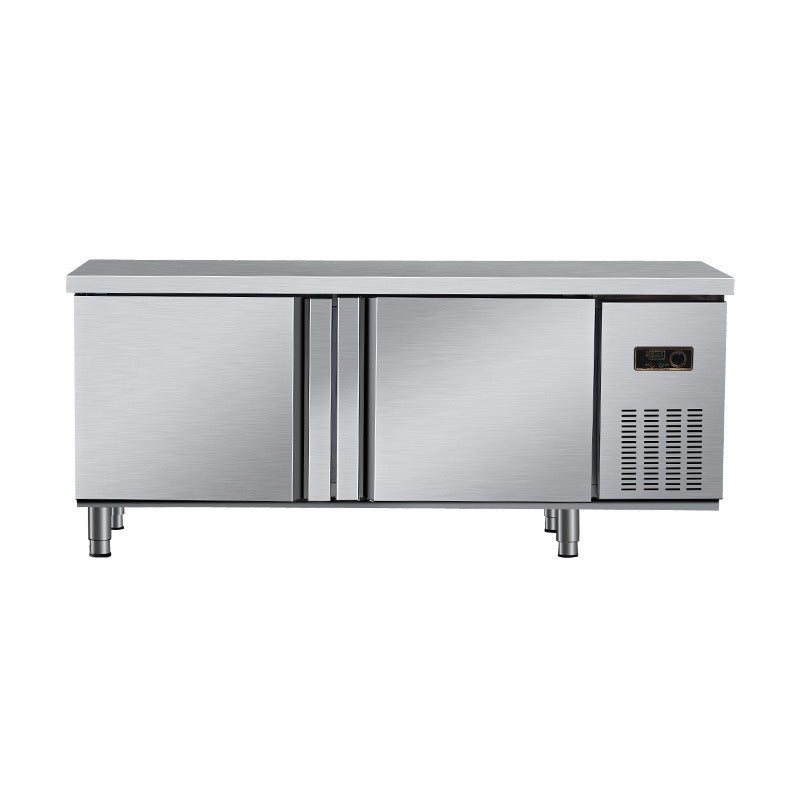 Commercial stainless steel prep table with refrigerated and frozen storage – dual temperature flat worktop for kitchen use