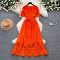 French style heavy lace cutout short sleeve dress - women's summer slimming a-line midi dress - elegant workwear