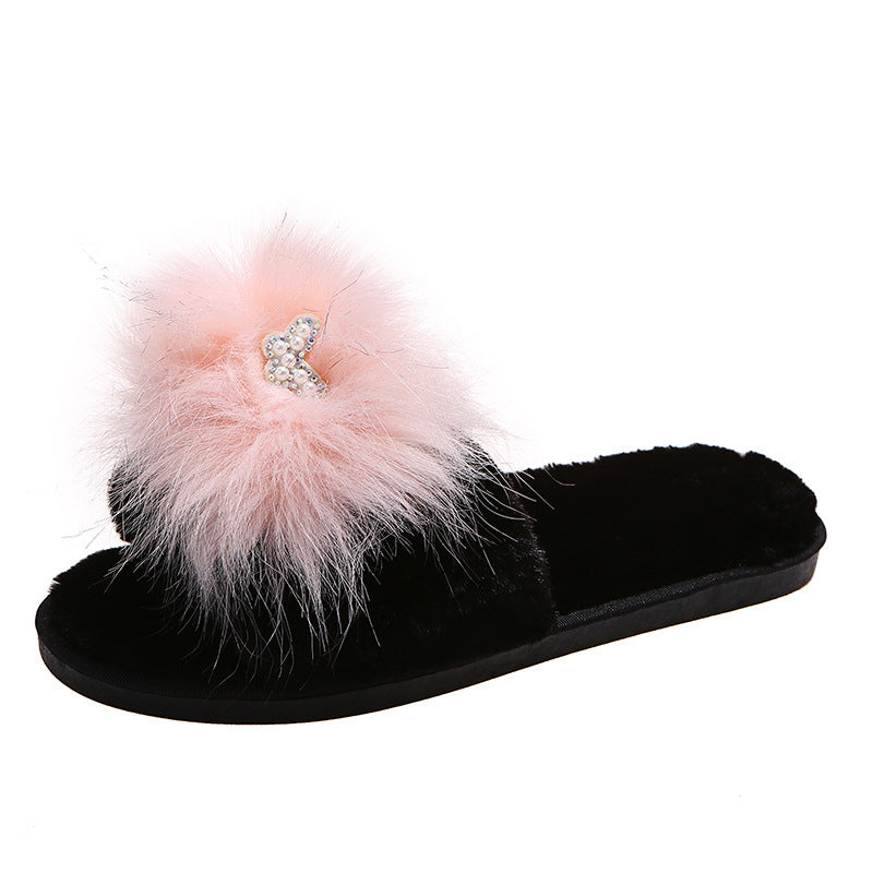 2024 fall/winter new korean style butterfly one-strap flat slippers, warm round-toe indoor/outdoor cotton slippers, fuzzy slippers for women