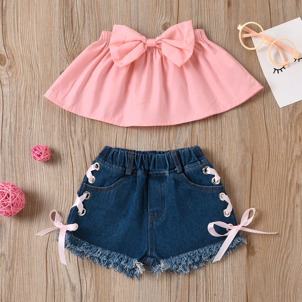 newborn children's wear: european and american style solid color bowknot bandeau top and tie-waist denim shorts two-piece set