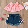 newborn children's wear: european and american style solid color bowknot bandeau top and tie-waist denim shorts two-piece set