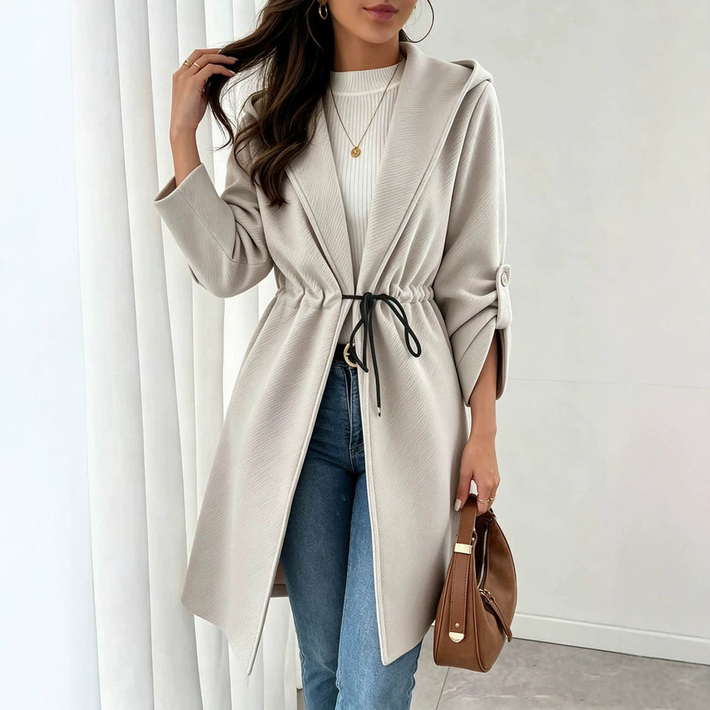 gentle wind hooded mid-long outwear drawstring waist lapel three-quarter rolled sleeves pure color texture