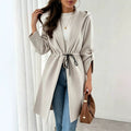 gentle wind hooded mid-long outwear drawstring waist lapel three-quarter rolled sleeves pure color texture