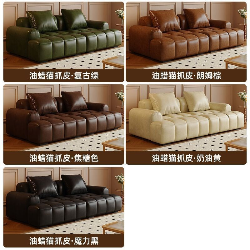 Retro style cat scratch oil wax leather puff sofa living room for home small apartment apartment straight row american square sofa