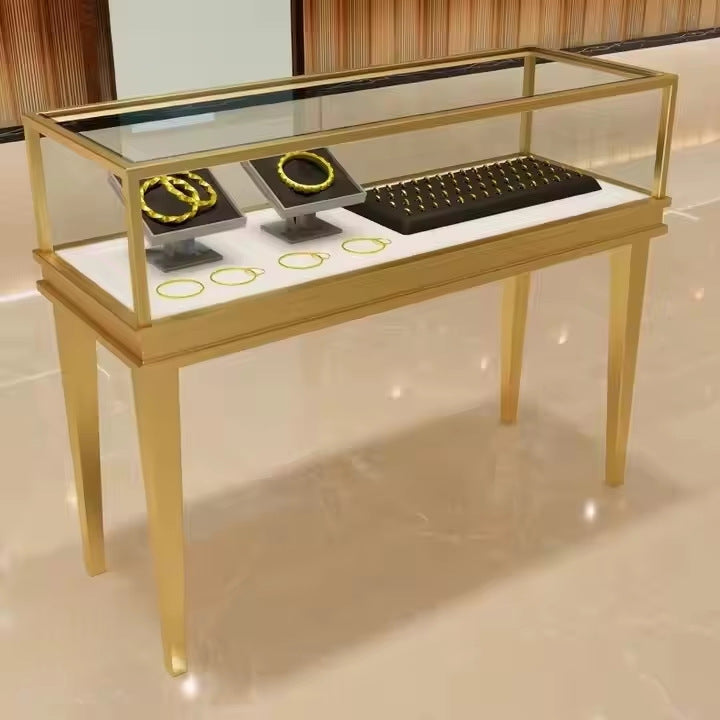 Source Factory Wood Metal LED Lights High Block Jewelry Display Cabinet Jewelry Store Commercial Display Stand Storage