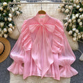 Sense of designniche style chic fungus edge beaded shirt women's stand collar lantern sleeve single breasted pure colorsweettops