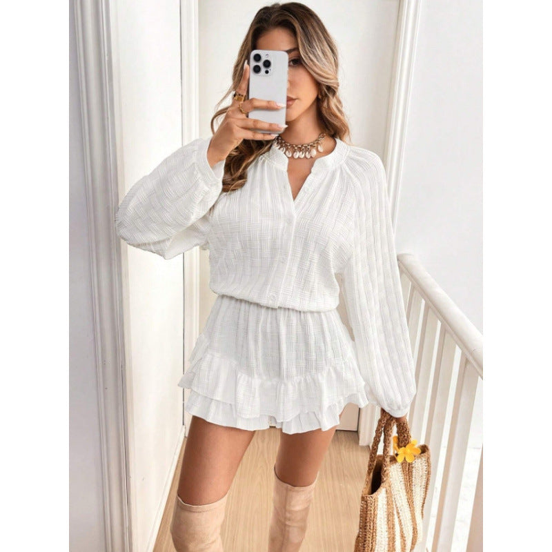 summer cross-border fashion women's solid color v-neck hem dress
