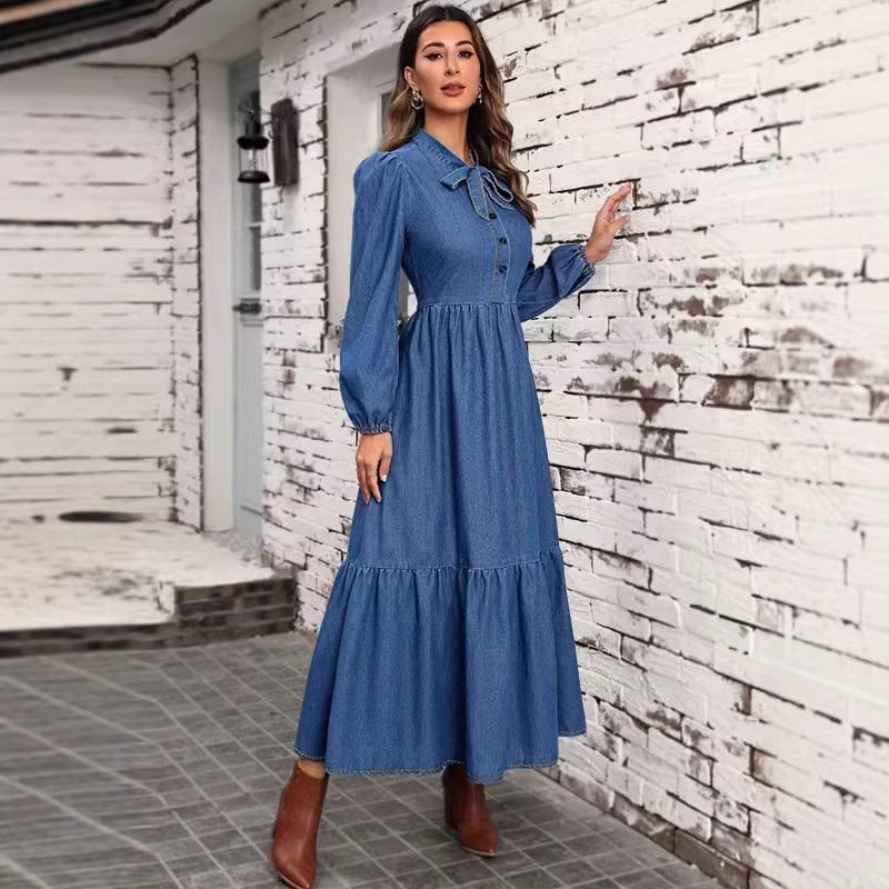european and american new arrival: high-end denim long-sleeve fashionable fitted waist dress for women - perfect for  and independent cross-border e-commerce stores