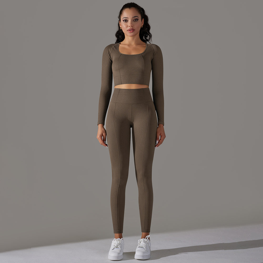 fashion seamless knittingpure color jacquard low-cut tight long sleeves yoga suit sports fitness two-piece set