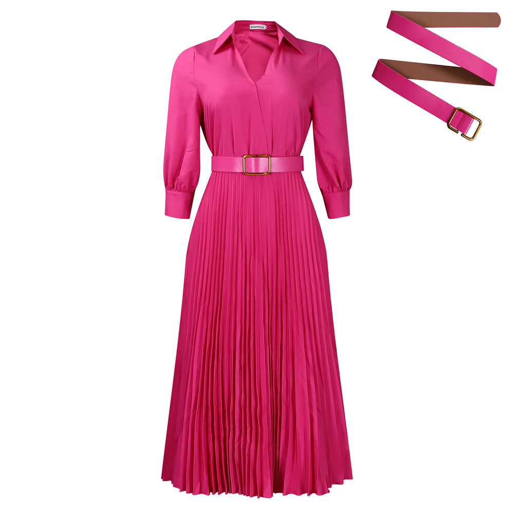 D522 women's foreign trade dress  new fashion turn-down collar long sleeve high waist elegant pleated solid color african dress