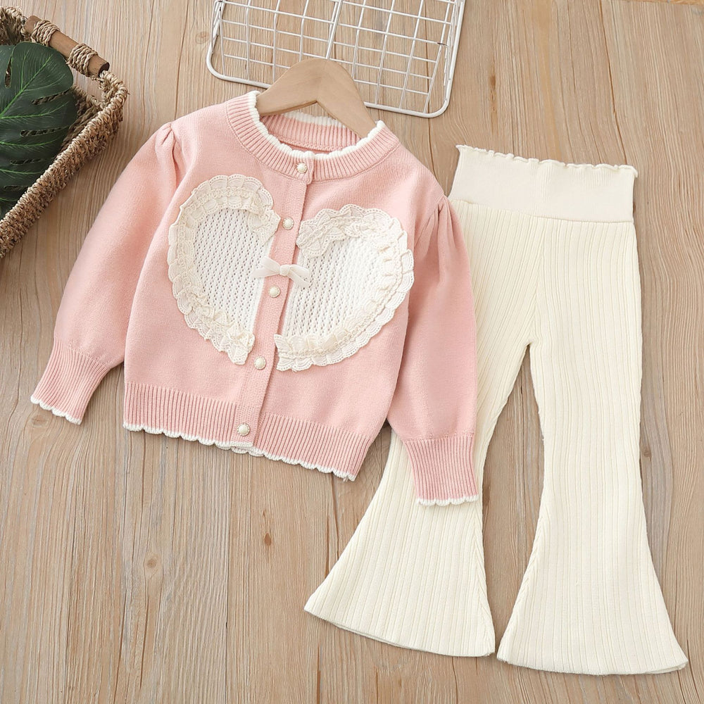 Girls' knitted sweater two-piece set -  autumn/winter new collection - baby girl heart print korean style cardigan and knit sweater set