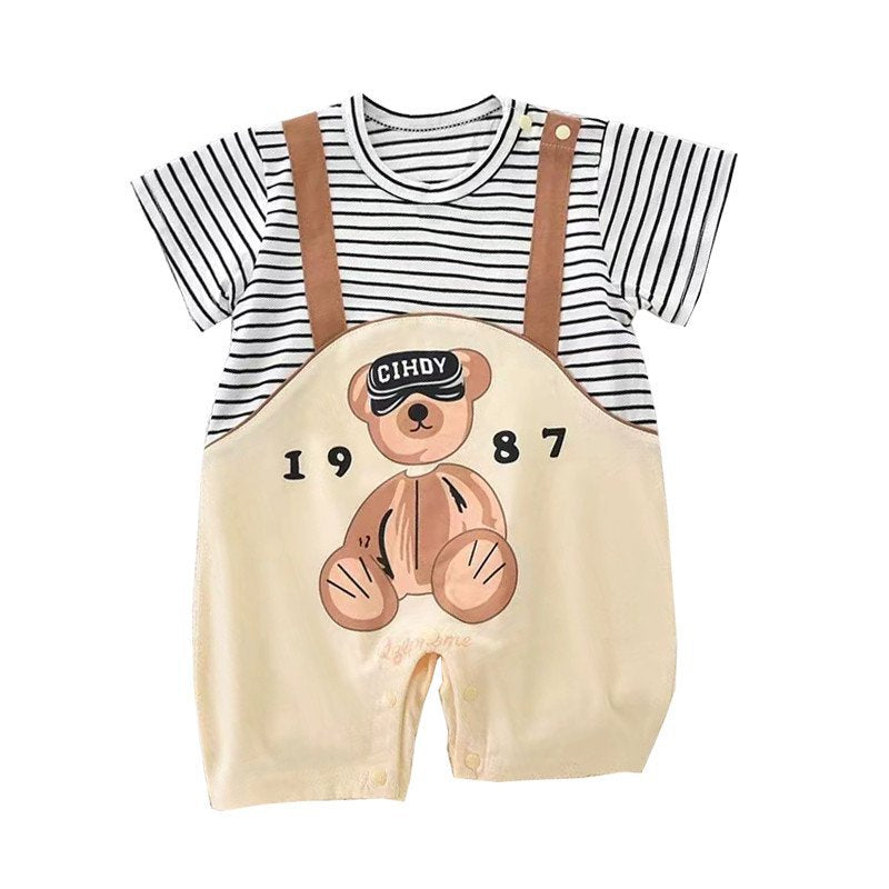 Baby short-sleeve romper with mock straps - lightweight summer outfit for newborn boys and girls