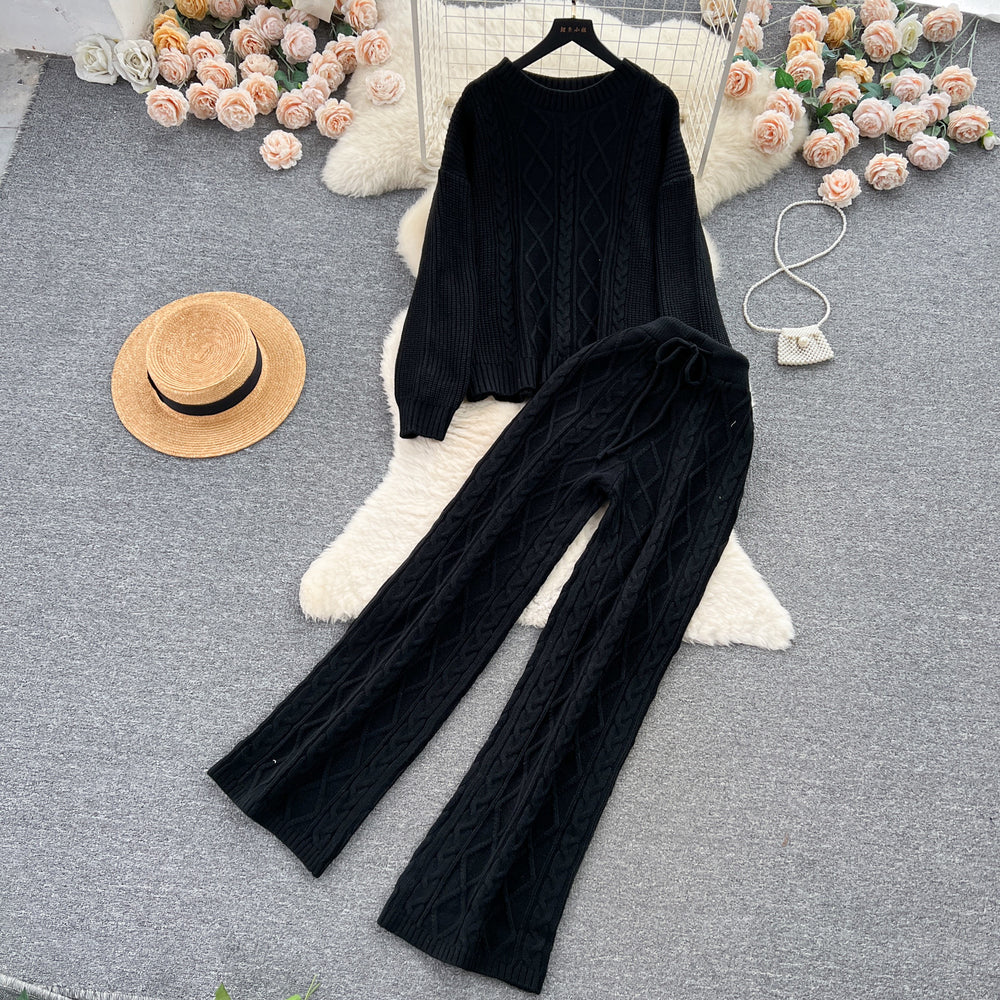 Fashionsuit women's french gentle style loosecable stitchsweatersweaterhigh waistslimming lookdrapedpantstwo-piece set