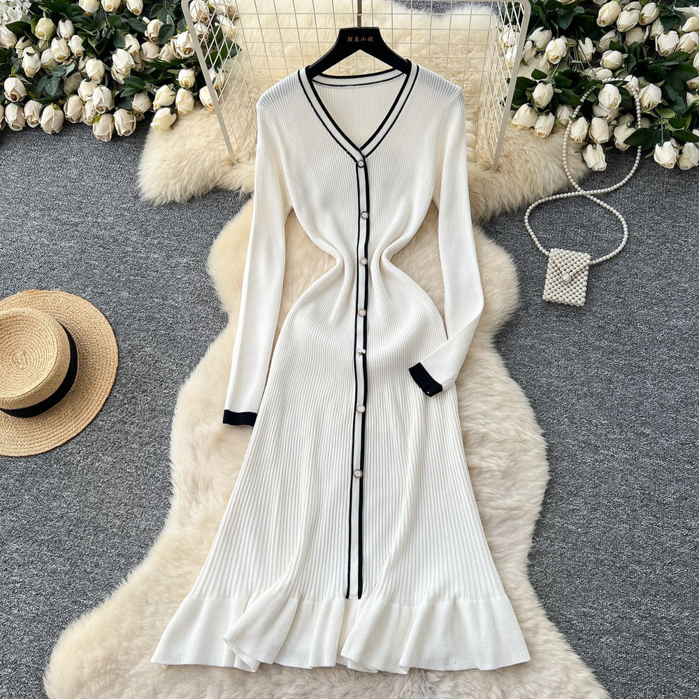 Classysense niche style celebrity contrast colorv necklong sleeves single breasted waist knittingdress women's inner fishtail long skirt