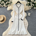 Classysense niche style celebrity contrast colorv necklong sleeves single breasted waist knittingdress women's inner fishtail long skirt