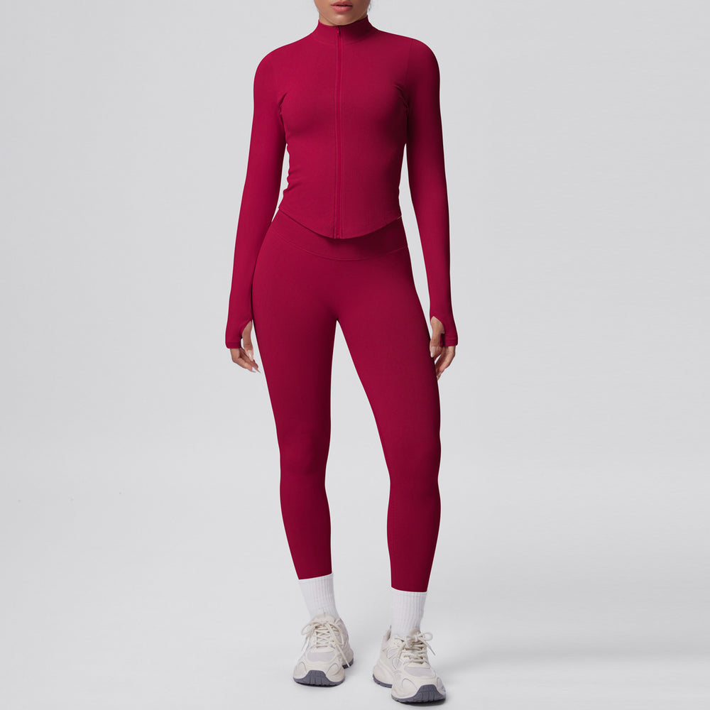 High-waisted, butt-lifting, form-fitting yoga set. solid color, seamless, stand-up collar, longline activewear. perfect for outdoor running and fitness