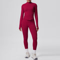 High-waisted, butt-lifting, form-fitting yoga set. solid color, seamless, stand-up collar, longline activewear. perfect for outdoor running and fitness