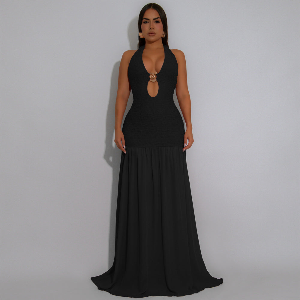 C7562 cross-border   fashion women's halter neck cutout dress for banquets and vacations