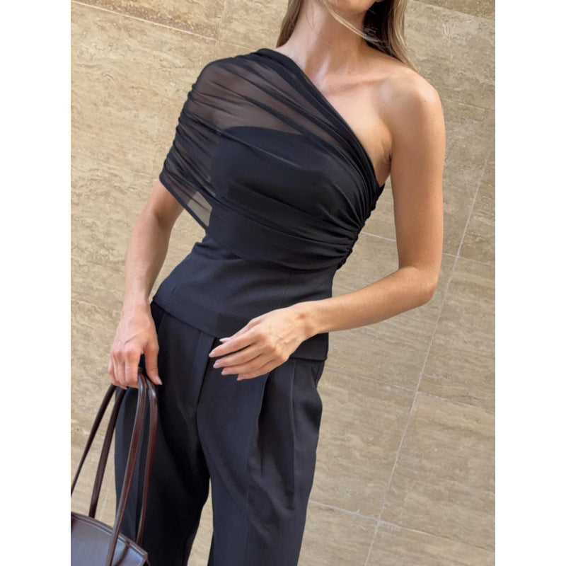 Amazon women's clothing  summer new sexy asymmetrical neck off-shoulder mesh panel solid color cinched waist see-through top