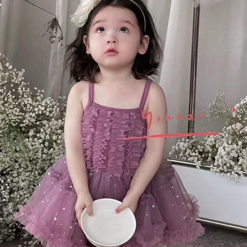 Girls' new summer purple spaghetti strap tulle dress - ethereal princess style, korean-inspired trendy summer outfit for toddlers and young girls