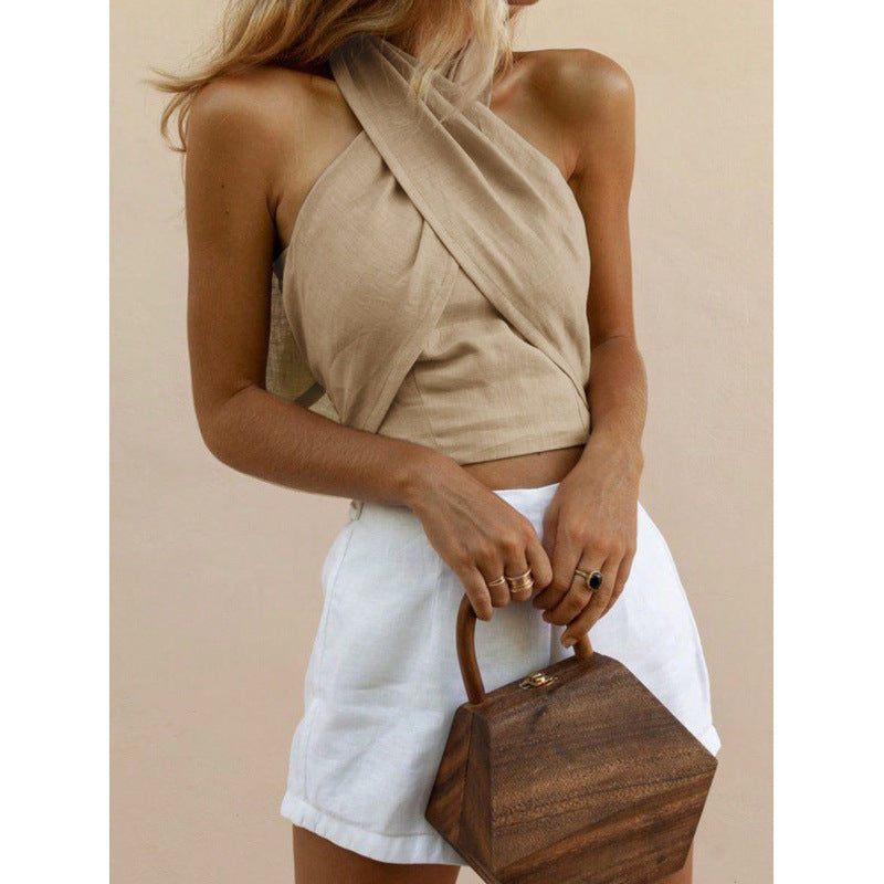 Women's criss-cross halter crop top, slim-fit tank top – perfect for vacation, everyday casual wear, and summer chic