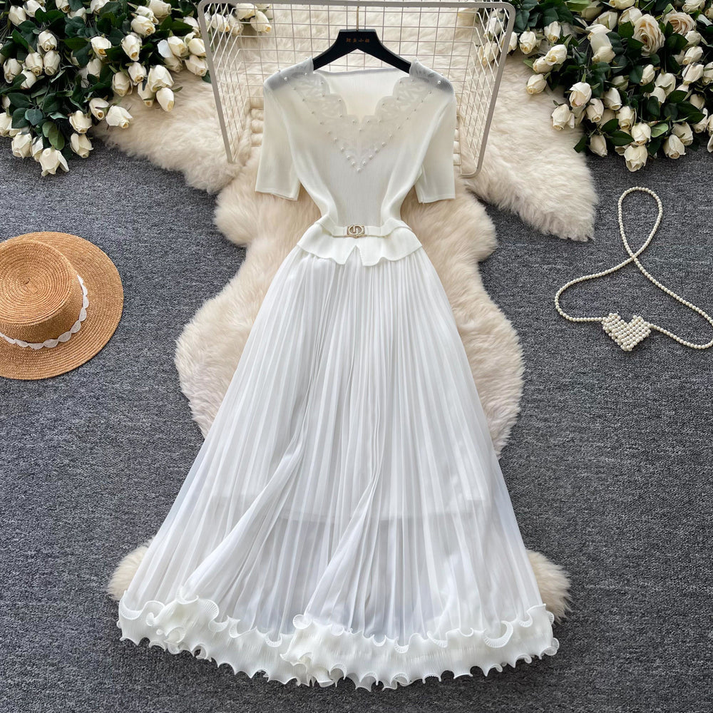 High-end heavy industry beading v neck short-sleeved dress women's summer waist-cinching pleated long skirt elegantaccessible luxury dress skirt