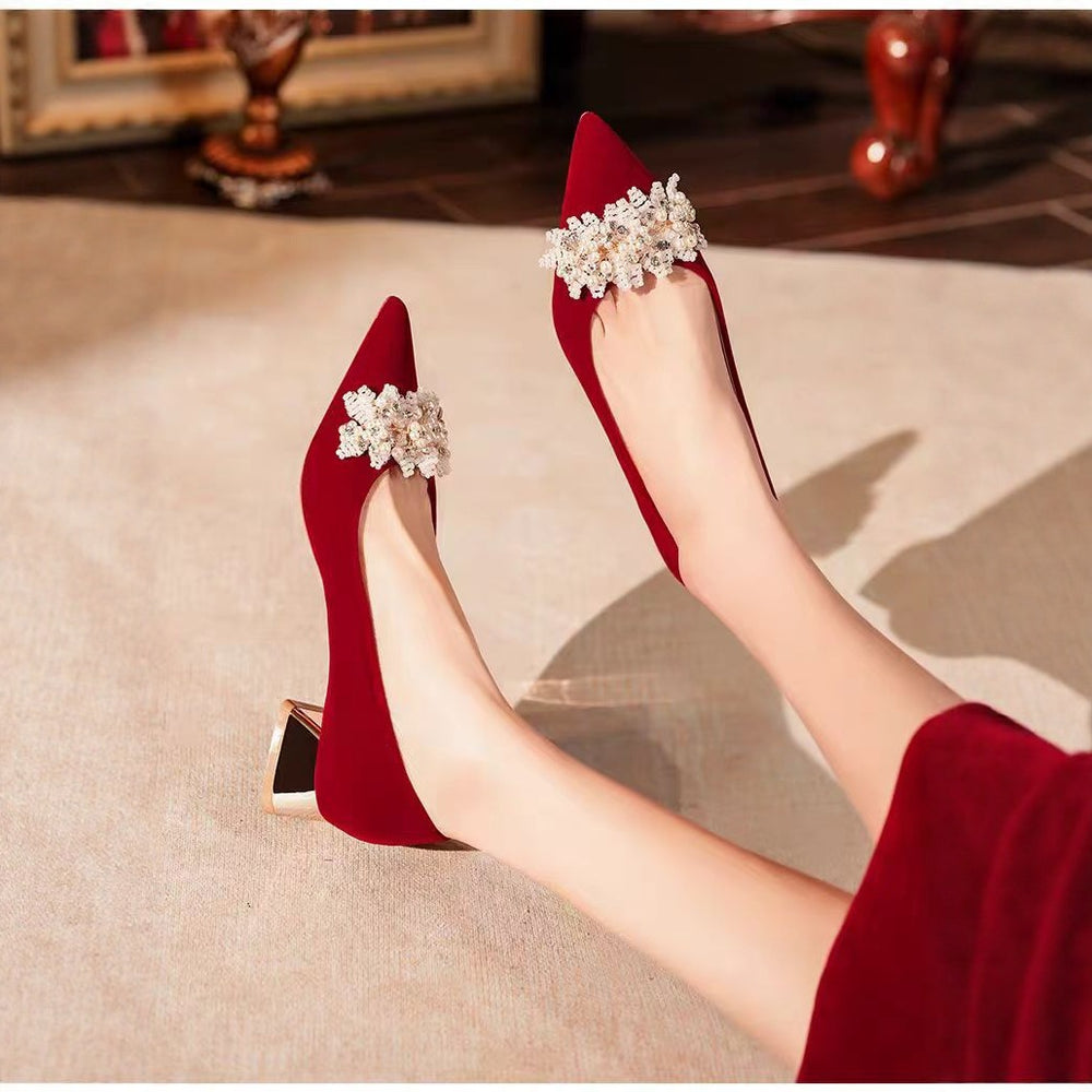 Red velvet wedding shoes bridal shoes low heel square heel pointed toe flats