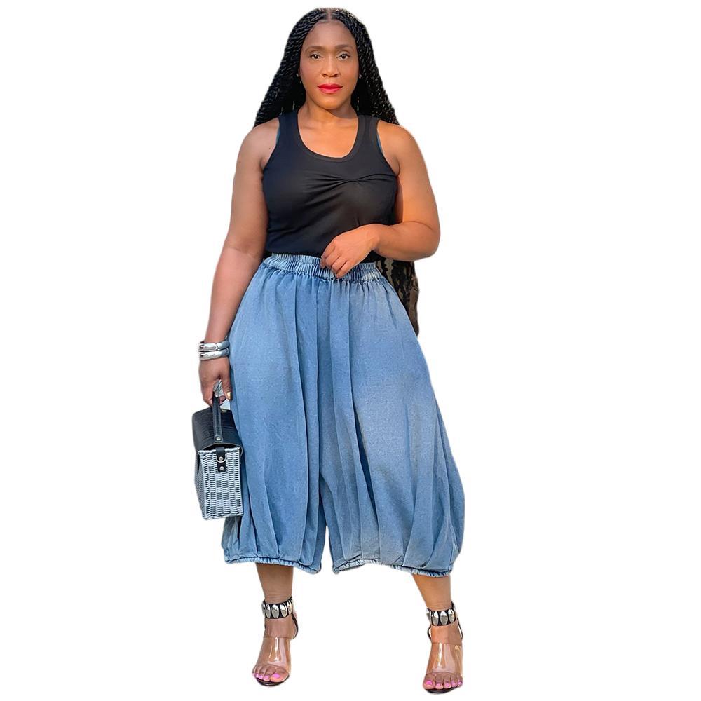 European and american cross-border women's fashion:  street style casual denim pants - elastic waist, straight leg, wide leg, capri length