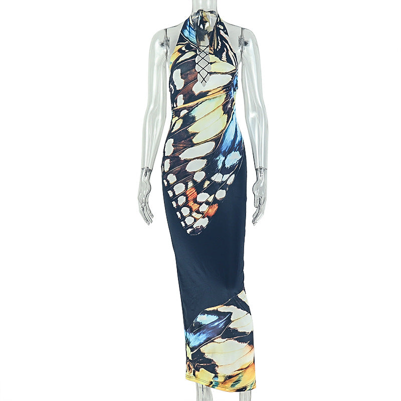 Fashion style insexportretroelegant women's printed sleeveless hip skirt hiking deep v neck halter trendy dress