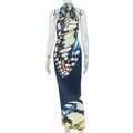 Fashion style insexportretroelegant women's printed sleeveless hip skirt hiking deep v neck halter trendy dress