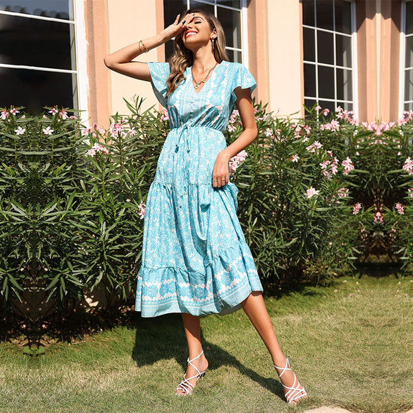 Independent Station Summer New European and American Fashion Cross-border Sweet Fresh Wind Slim Medium and Long Floral Dress