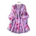French floral long sleeve v-neck bodycon dress - slim fit, figure-flattering, high-end, elegant a-line skirt