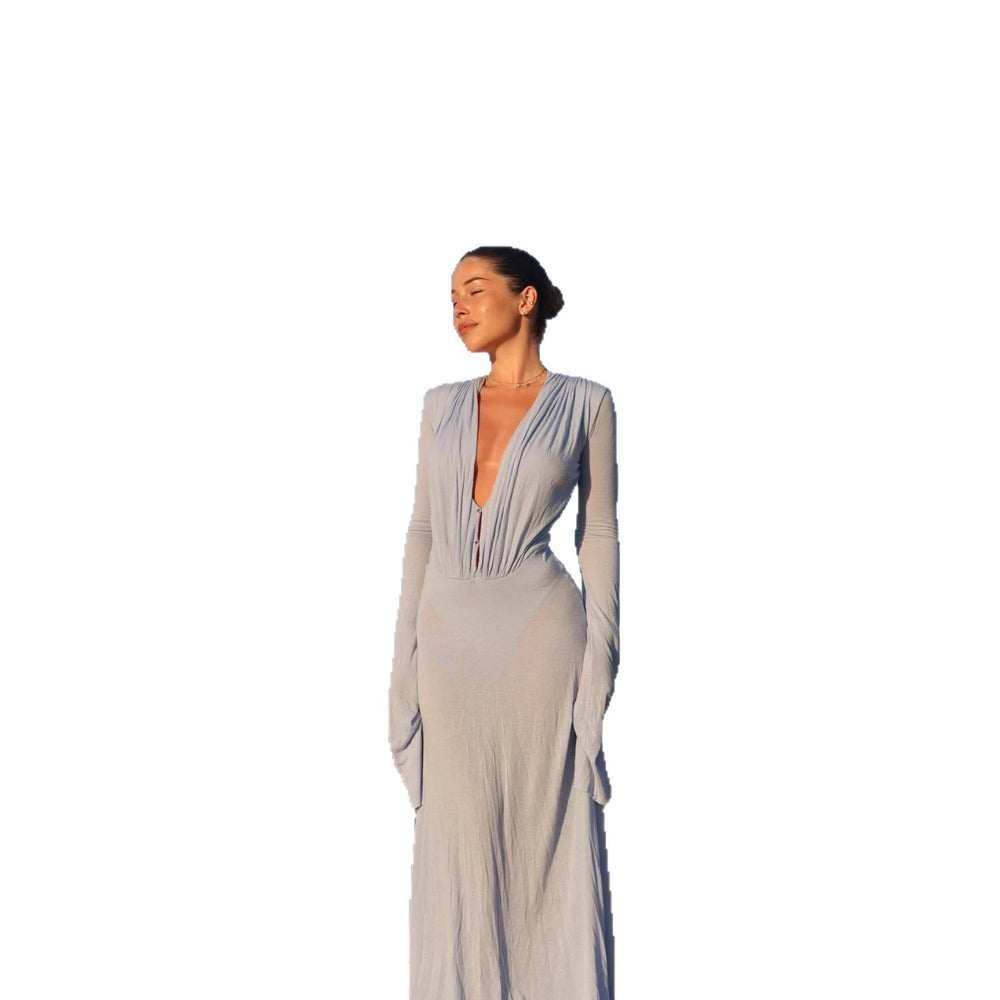 Wholesale women's fashion: autumn  new arrivals - elegant solid color v-neck long sleeve bodycon midi dress for export to europe and the us