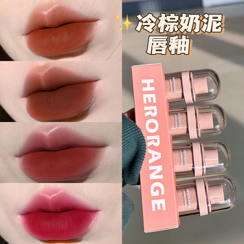 HERORANGE~ Cold Brown Milk Mud Lip Glaze Matte Velvet Matte Surface Plain White Color Lipstick Mud Student Lip Gloss